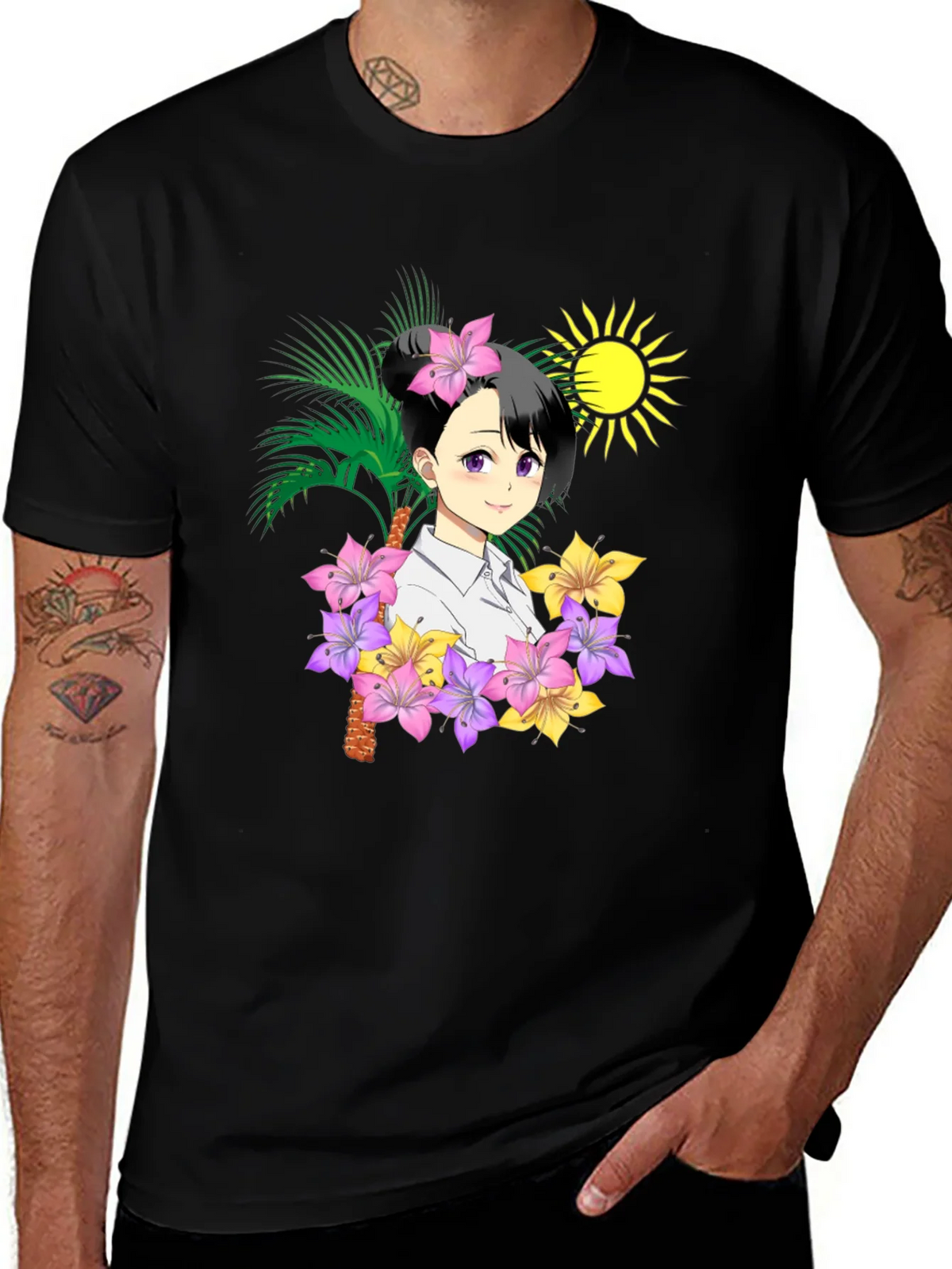 Anime Girl Hawaiian Shirt Black T-Shirt