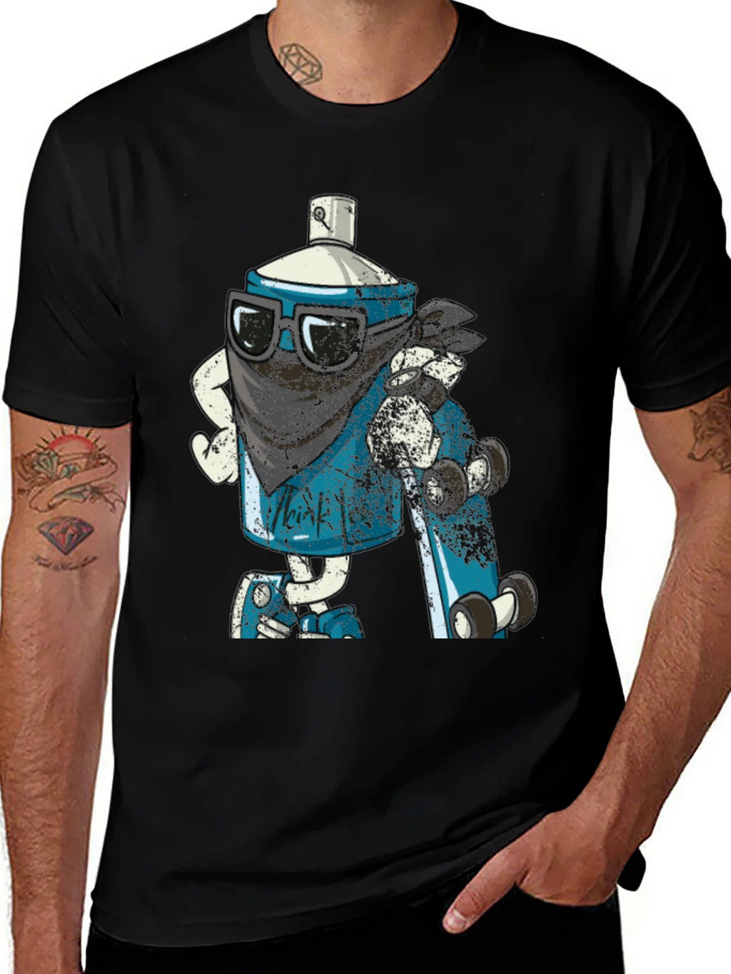 Cool Cartoon Spray Can on Black T-Shirt