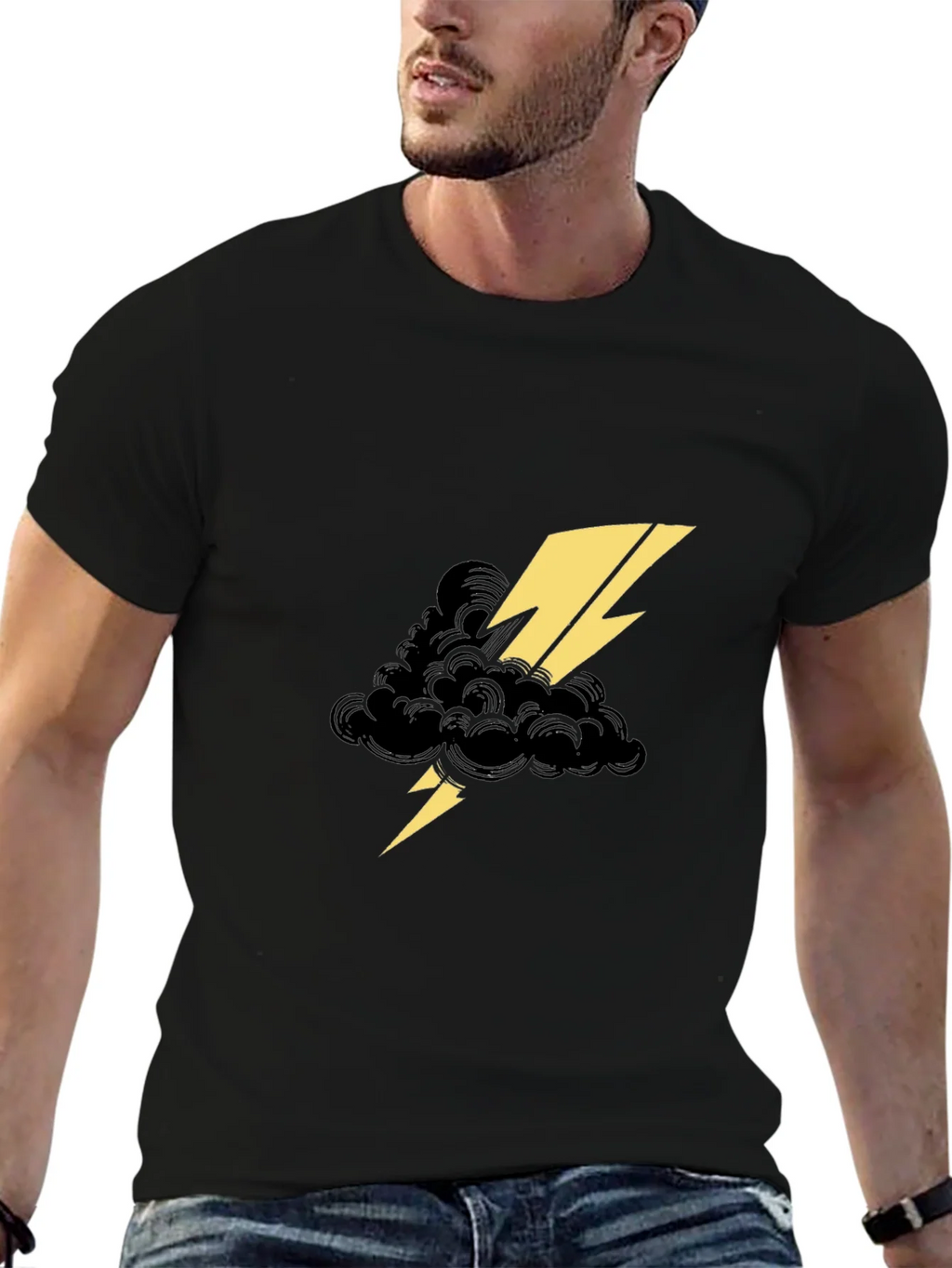 Black Tee with Lightning Cloud Graphic